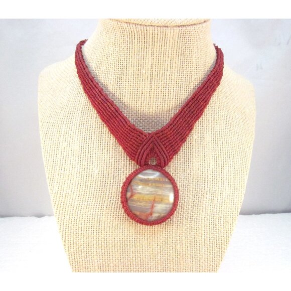 Handcrafted Burgundy Macrame Necklace with Natural Stone Pendant - Picture 6 of 11